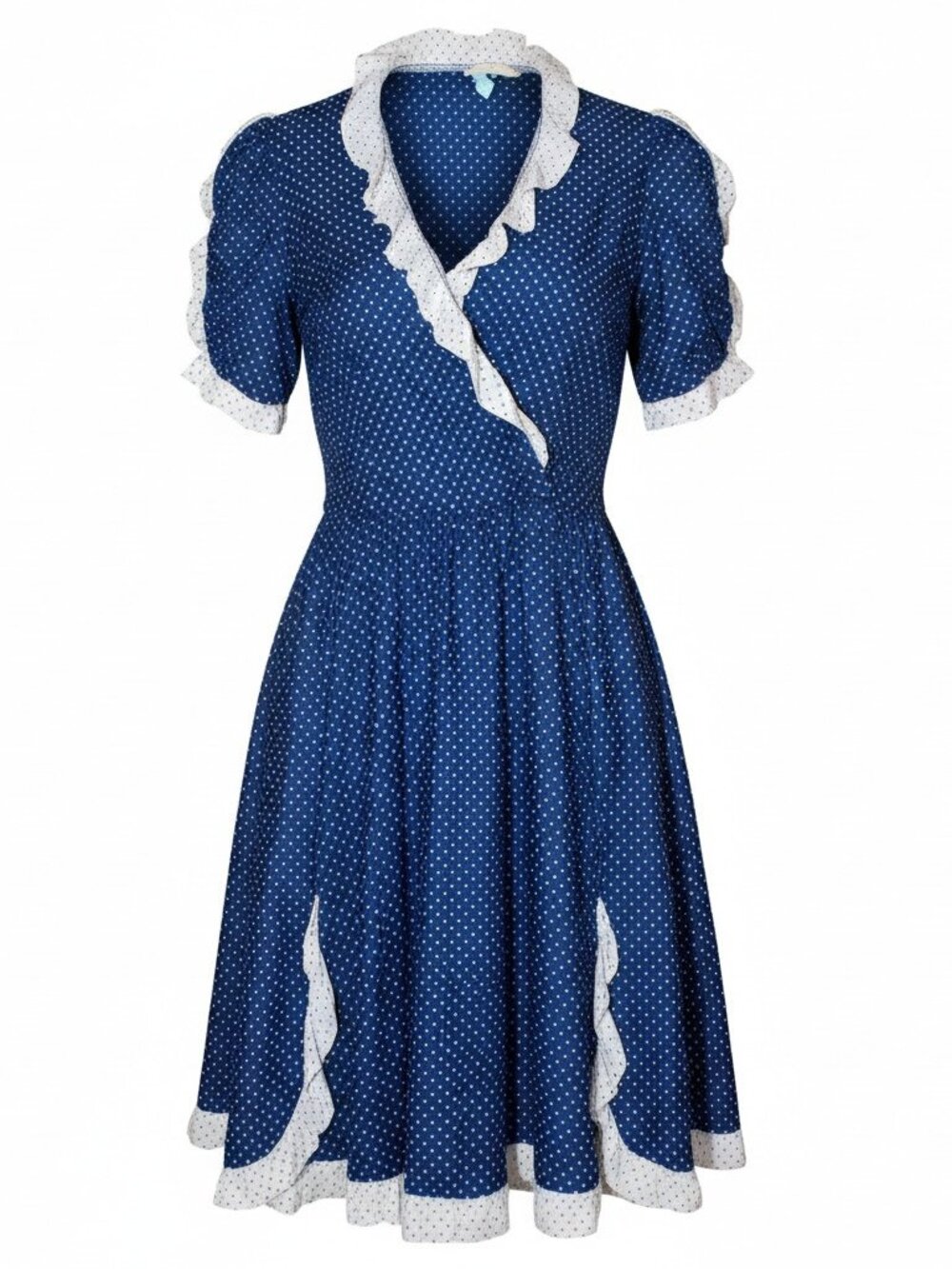 Vintage Ruffled V Neck Blue White Polka Dot Dress News from California! Size - Picture 5 of 7